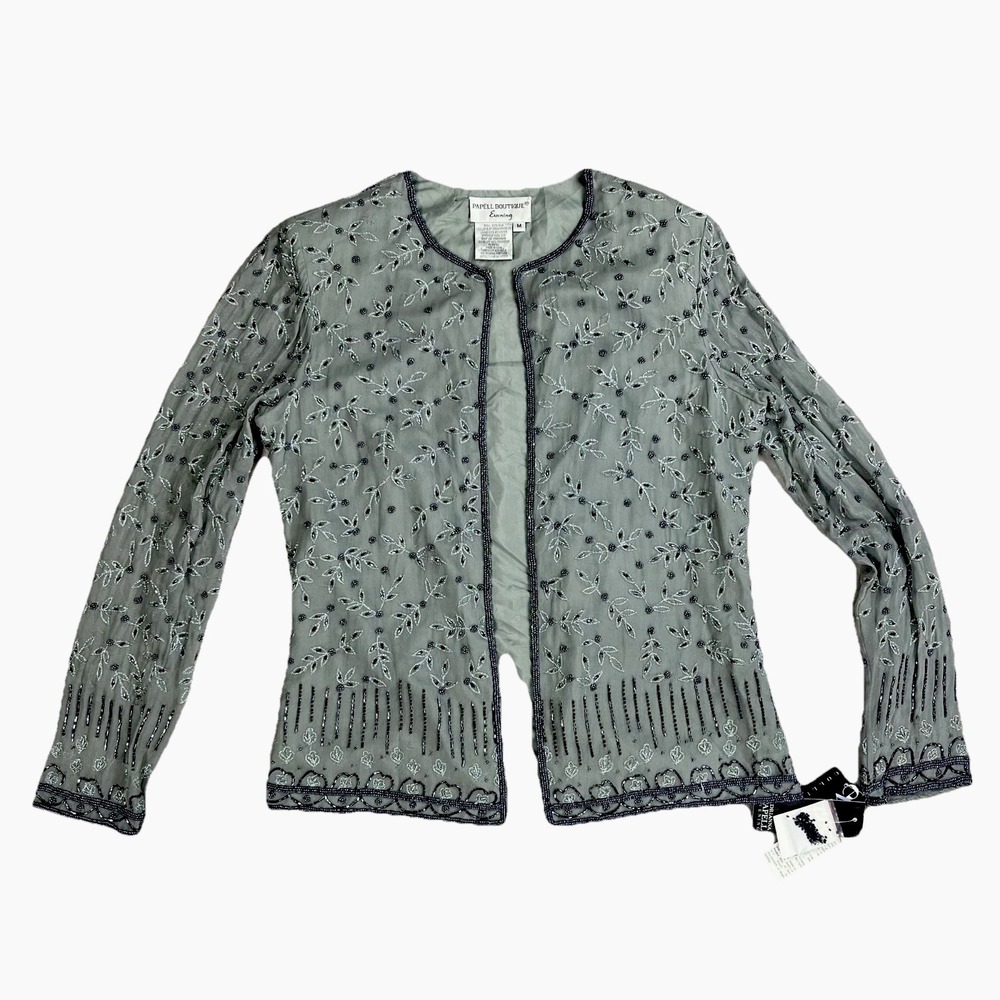 Papell Boutique Evening Sheer Embroidered 100% Silk Cardigan NWOT
